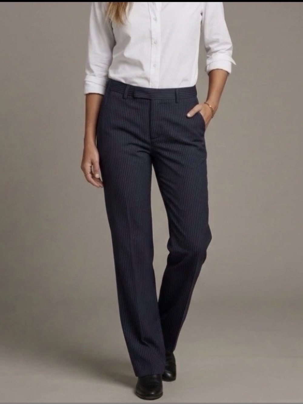 NEW L’agence pinstripe LINEN pants trouser 31x 29 Navy Blue white stripped